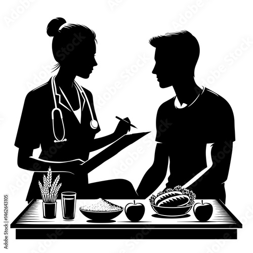 Nutritionist consulting patient against food table