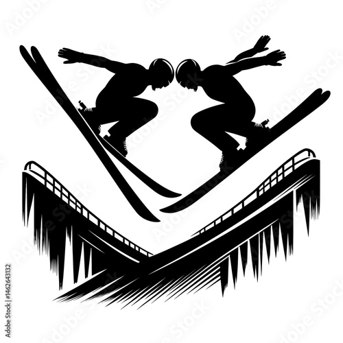 Two ski jumpers leaping off ramp during competition