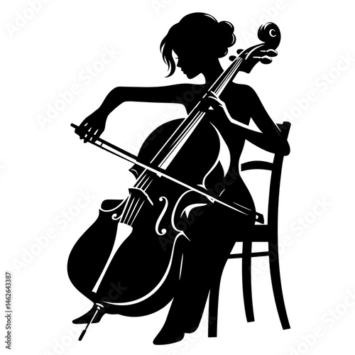 Silhouette of woman playing cello seated on chair