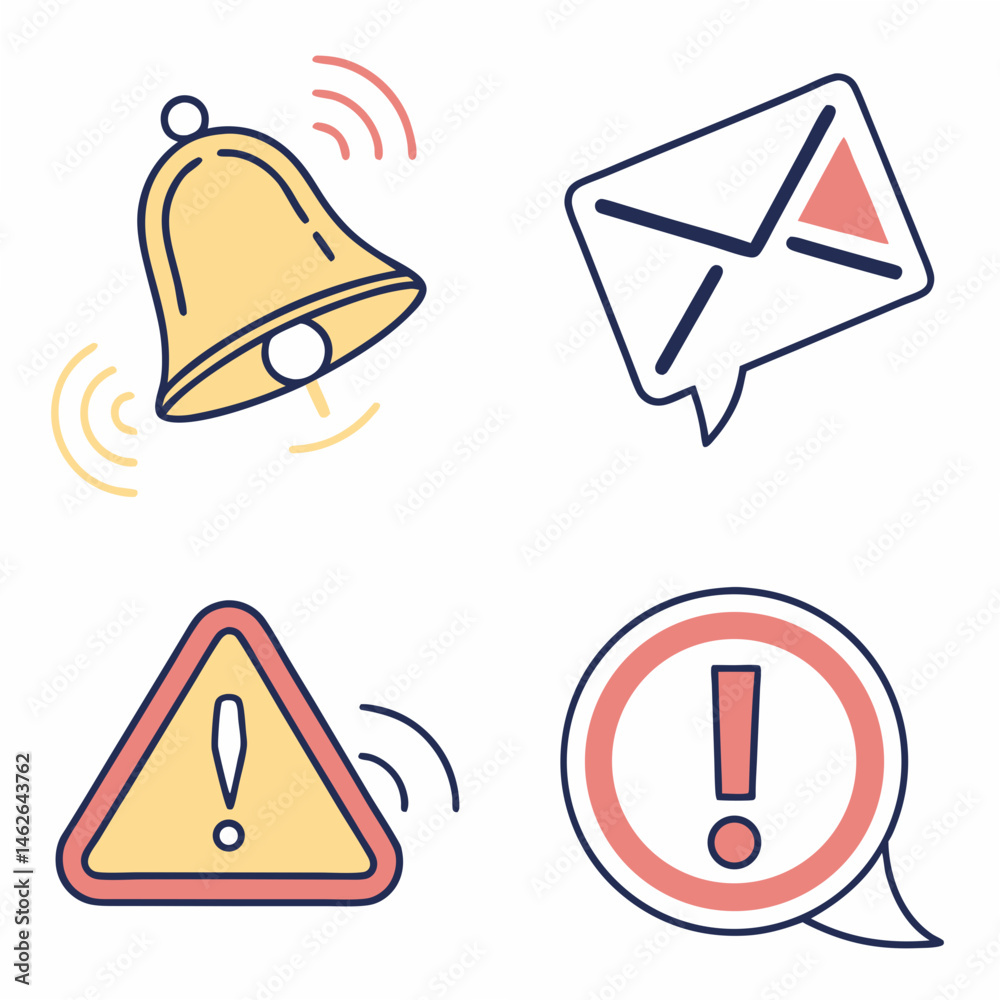Notification icons including bell, message, alert triangle, and exclamation in modern flat design