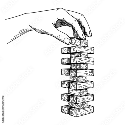 hand playing a game of Jenga sketch