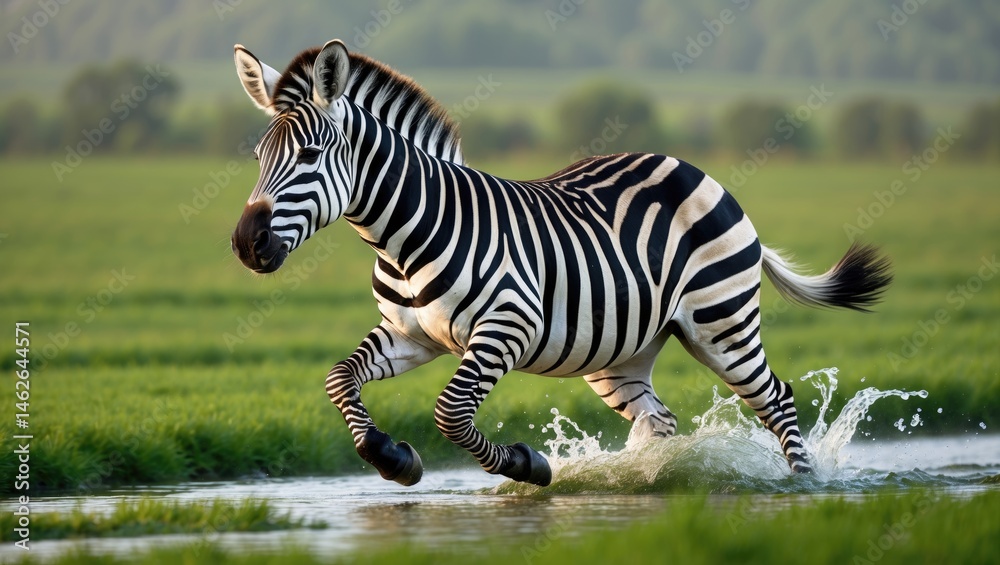 Fototapeta premium African zebra sprinting through the grasslands of Tanzania