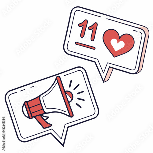 Social media engagement icons with megaphone and notifications in modern flat design