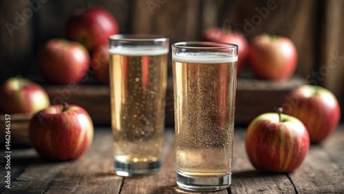 Two cider glasses set on a wooden surface