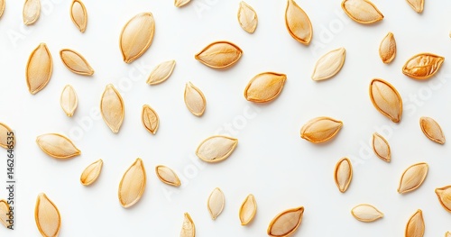 Pumpkin seeds scattered on a white background.  Small, light-tan,  slightly oblong seeds,  various sizes and orientations.  Even distribution creates a  visual pattern