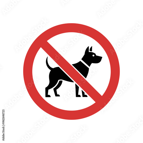 No Dogs Allowed: A stark graphic illustrates a universal ban on canine entry, with a black silhouette of a dog overlaid by a red prohibition symbol, communicating the clear message of exclusion.