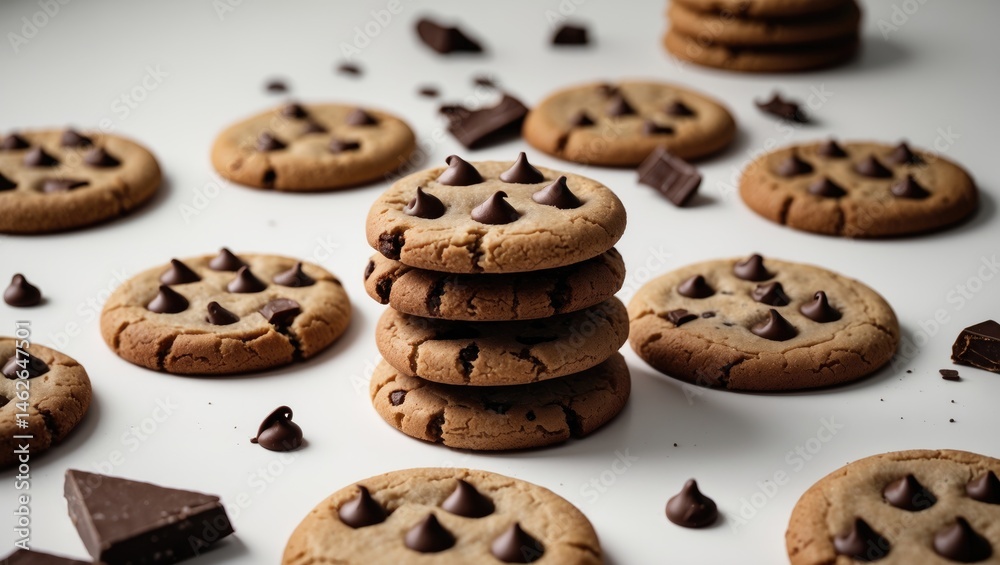 Set of dark chocolate chip cookie pieces with crumbs on white background, isolated clipping path highlighting tasty bakery organic homemade biscuits and desserts Set of dark chocolate chip cookie pieces with crumbs on white background, isolated clipping path highlighting tasty bakery organic homemade biscuits and desserts