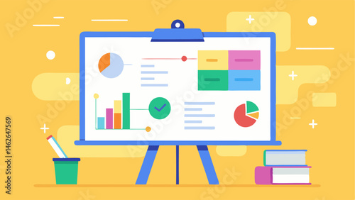 A whiteboard at the front of the room is filled with colorful diagrams and notes.