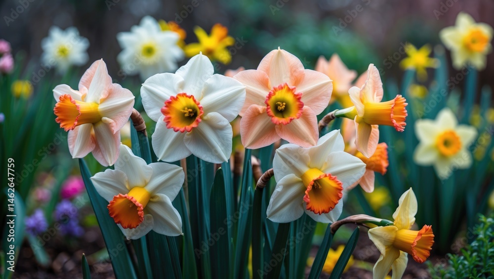 Obraz premium Vanilla Peach bloom among White and pink split-cupped Collar daffodils (Narcissus) in a garden