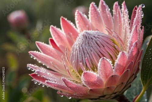 Stunning Pink Protea Flower Macro Shot with Dew photo