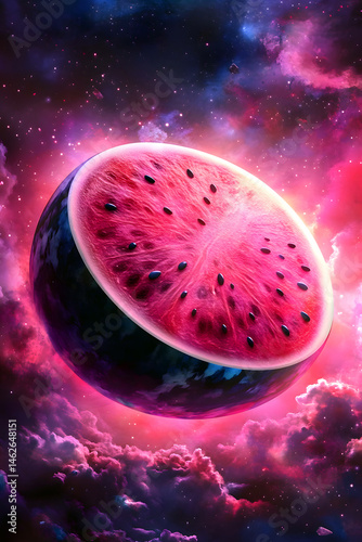 Oversized watermelon floating in a vibrant cosmic space filled with colorful clouds