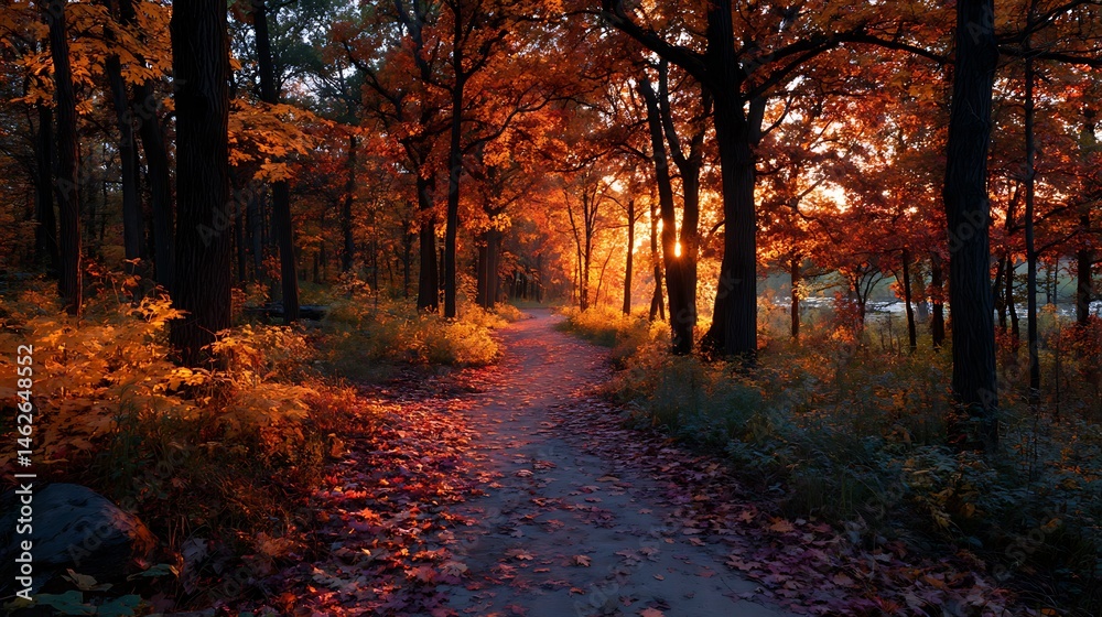 Obraz premium Autumn path through woods with colorful leaves