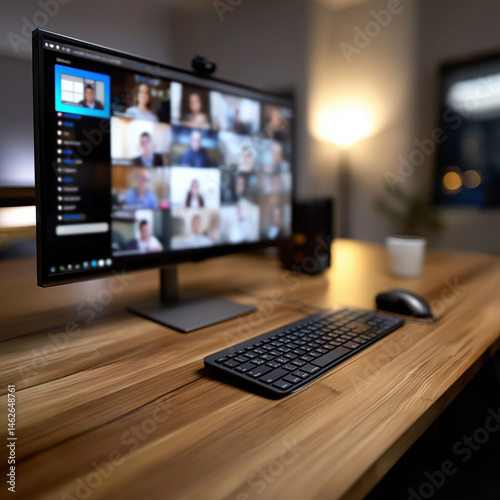 Office workspace with computer monitor displaying virtual meeting participants at night