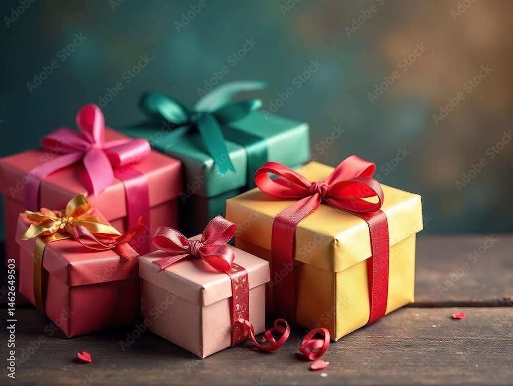 Fototapeta premium Vibrant gift boxes, colorful ribbons, rustic wood , festive, decor