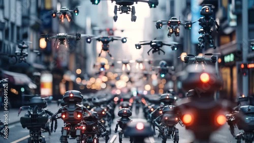 A dynamic futuristic cityscape with advanced drones and intelligent robots, showcasing innovation