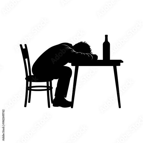 Weariness Silhouette: A poignant depiction of a weary figure slumped over a table, a solitary bottle nearby, capturing a moment of introspective solitude and despondency.