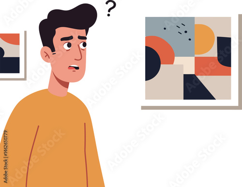 Man confused by modern abstract art in orange sweater vector illustration 