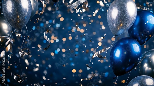 Modern celebration theme with silver and blue party balloons shimmering background holiday sparkle effect image