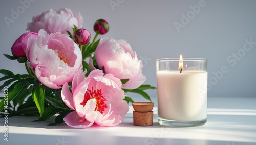 Home fragrance featuring white candles and red peonies to create a warm atmosphere.