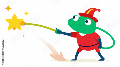 Frogs Firefighting Adventure This illustration features a lighthearted frog in a red shirt and helmet setting a heroic pose. The tiny firefighter stands on a grassy patch aiming