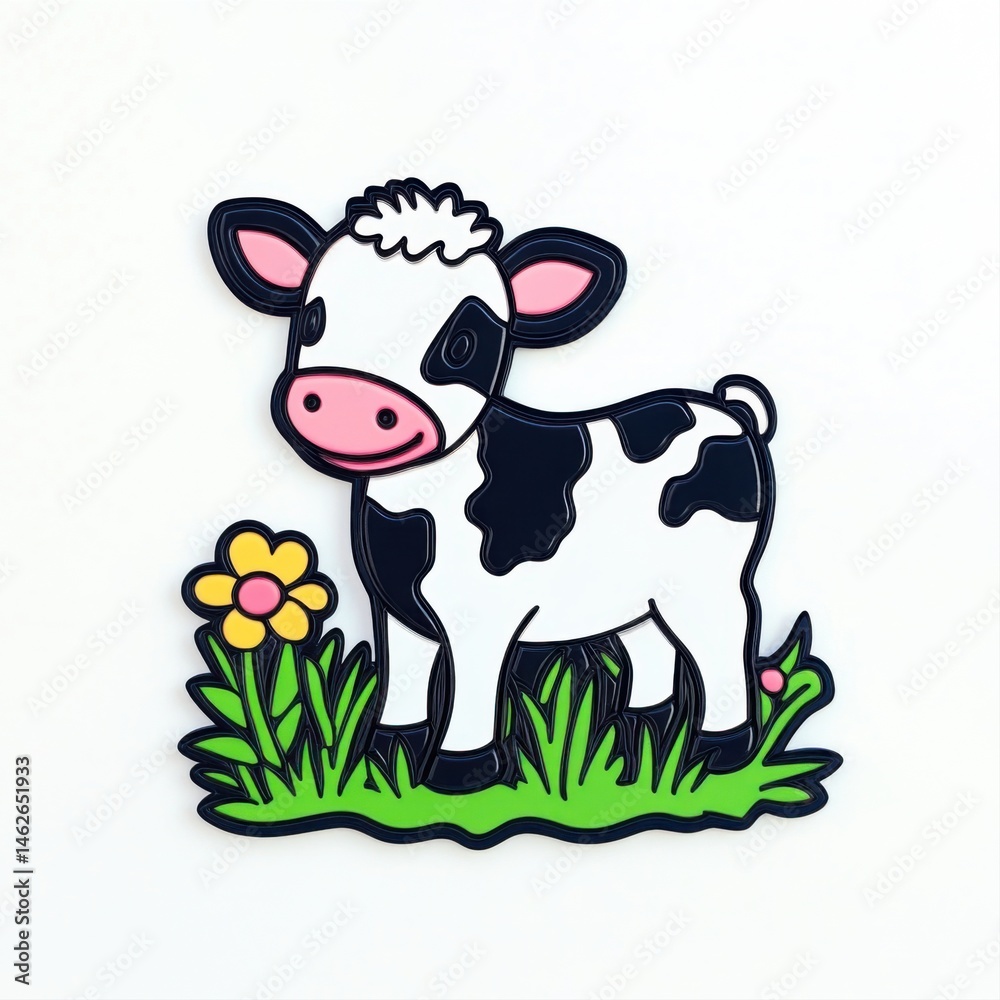 Cute cartoon cow standing on grass with colorful flower and vibrant background