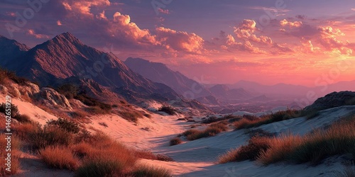 Vibrant Desert Sunset Over Sand Dunes and Mountains