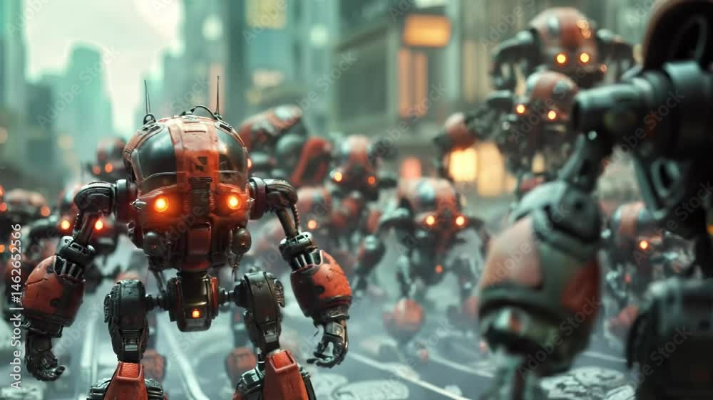 custom made wallpaper toronto digitalA dynamic futuristic cityscape with advanced drones and intelligent robots, showcasing innovation