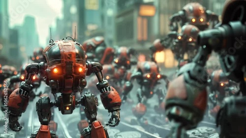 A dynamic futuristic cityscape with advanced drones and intelligent robots, showcasing innovation