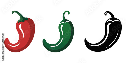 Red and green chili black color vector silhouette illustration isolated in white background, Three hot chili peppers on white Background, Assorted Fresh Red Chili Peppers Variety pro vector. 