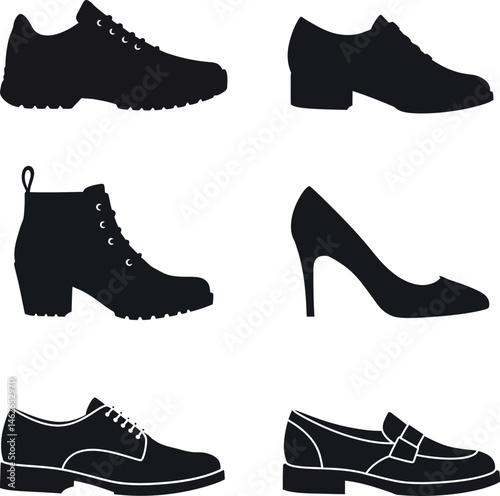 Collection of men and women shoe silhouettes variety in black vector illustration