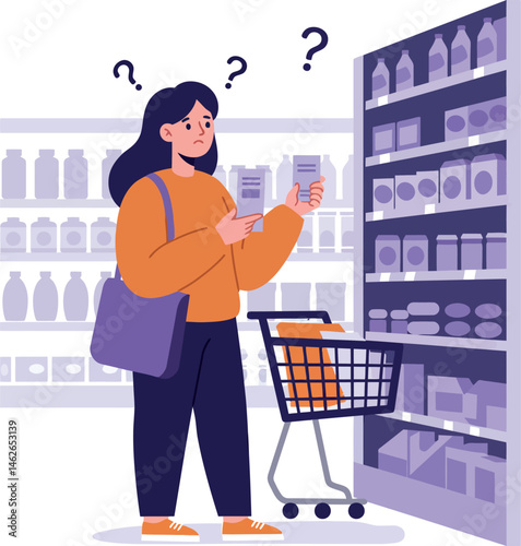 Woman comparing products in grocery store aisle with shopping cart and handbag 