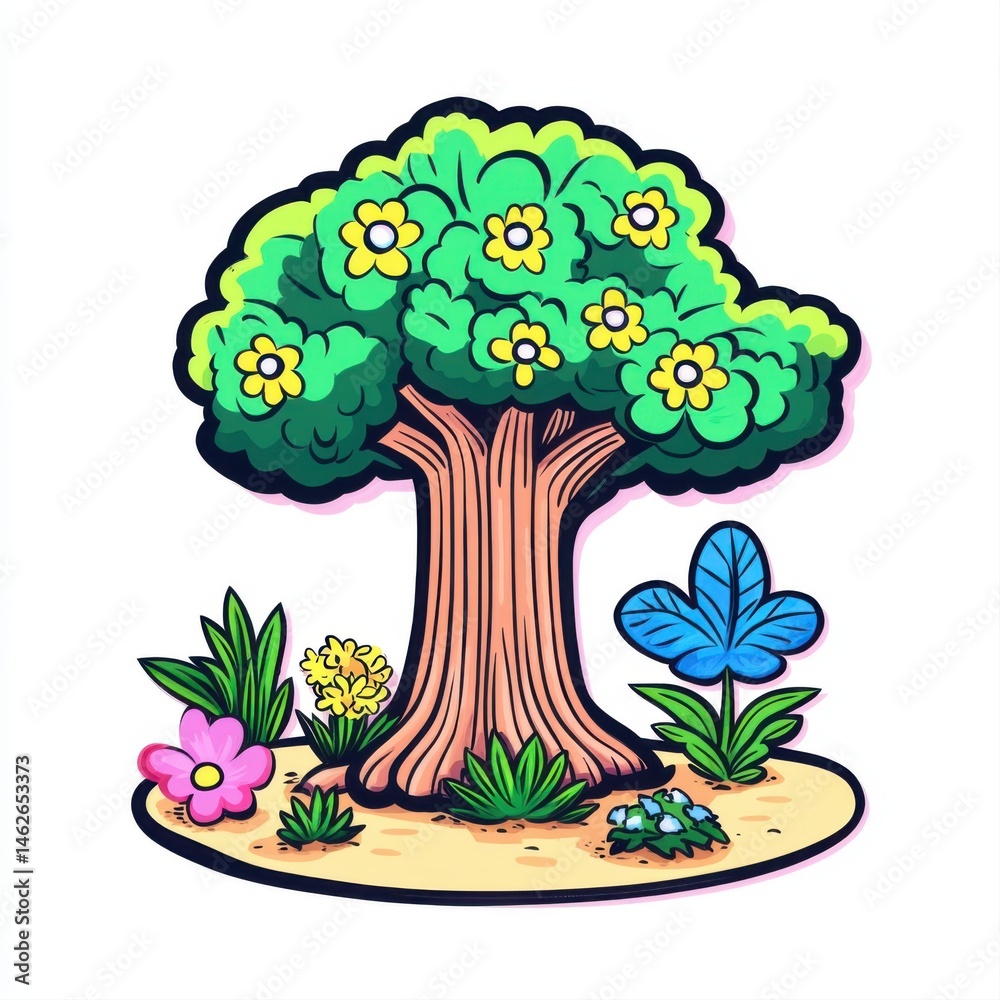 Colorful cartoon tree with flowers and plants on a white background