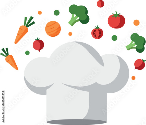 Chef hat with floating fresh vegetables vector illustration design