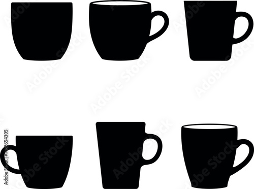 Coffee mugs black silhouette vector icons set minimalist style 
