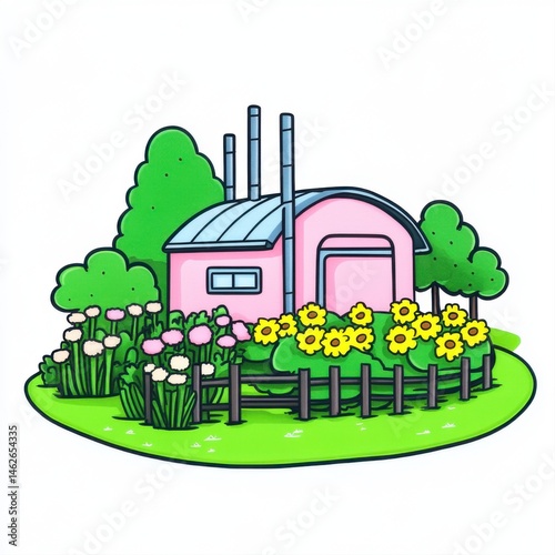 Obraz na płótnie Charming Pink House Surrounded by Colorful Flowers and Lush Greenery w salonie