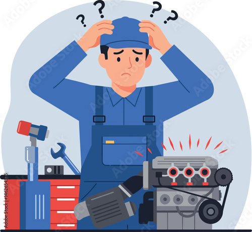 Confused mechanic with engine parts and tools vector illustration in workshop setting 