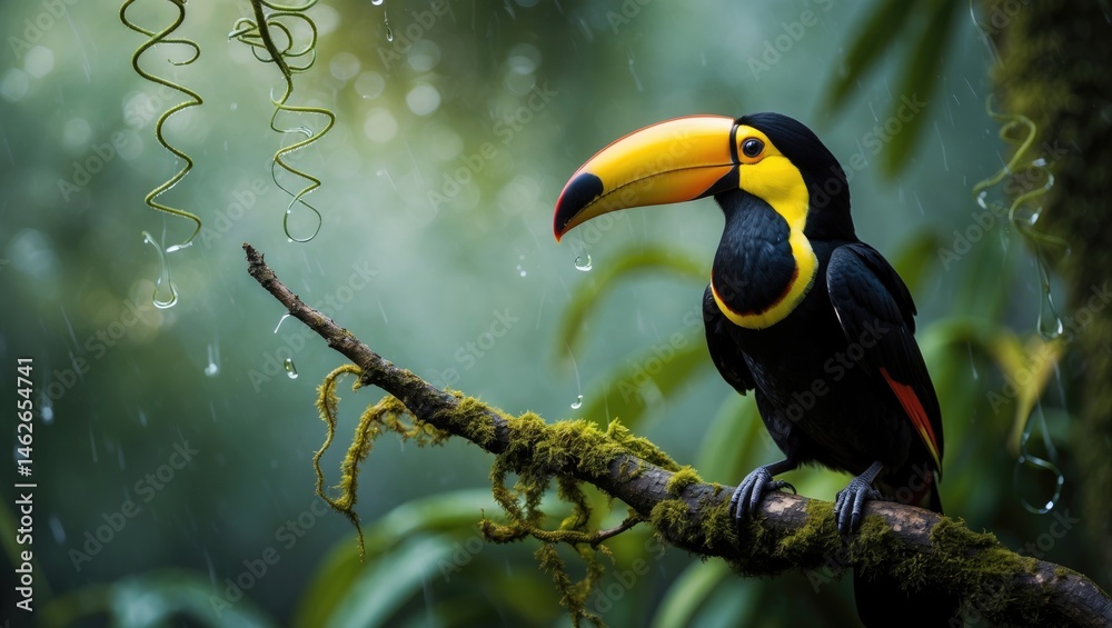 Obraz premium Yellow-throated toucan or Chestnut-mandibled toucan, a large toucan perched in the rain on a branch. A common sight when exploring.