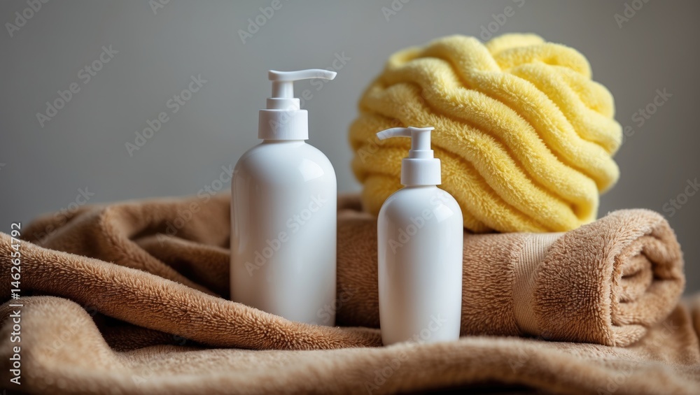 Spa Essentials: Pump Bottles, Shower Puff, and Towels for Skin and Hygiene Spa Essentials: Pump Bottles, Shower Puff, and Towels for Skin and Hygiene