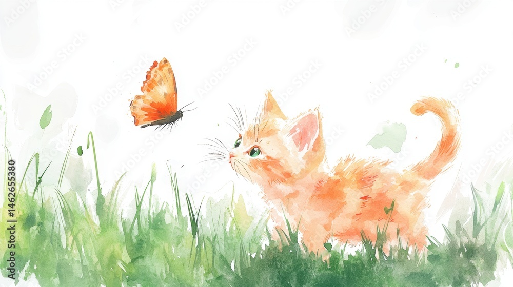 Fototapeta premium A playful orange kitten gazes intently at a delicate butterfly fluttering nearby in a lush grassy meadow on a bright, sunny day. The vibrant colors create a whimsical atmosphere