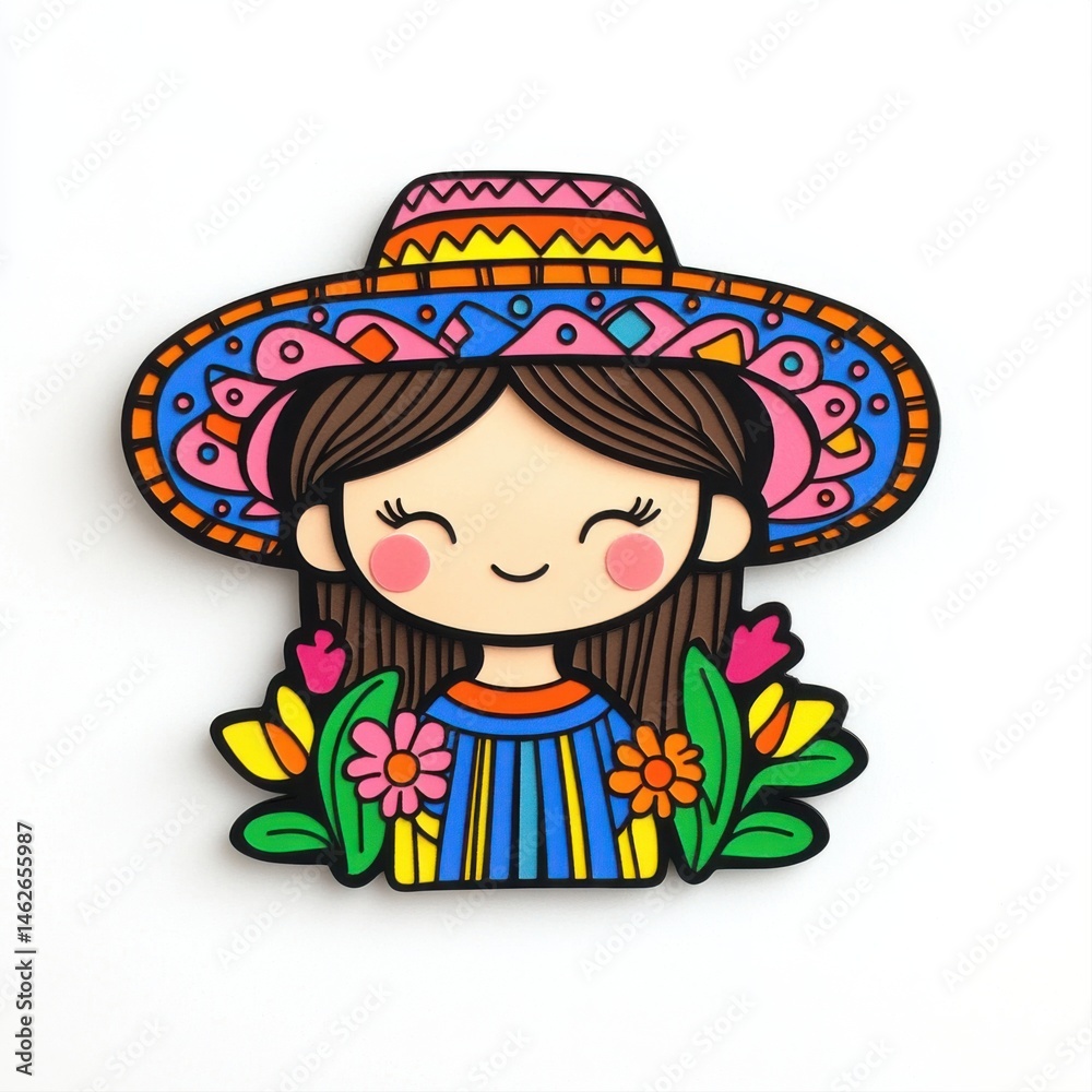 Colorful Girl Character with Floral Elements and Bright Hat Design