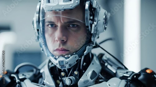 A futuristic cybernetic human wearing an advanced technology suit showcasing innovation