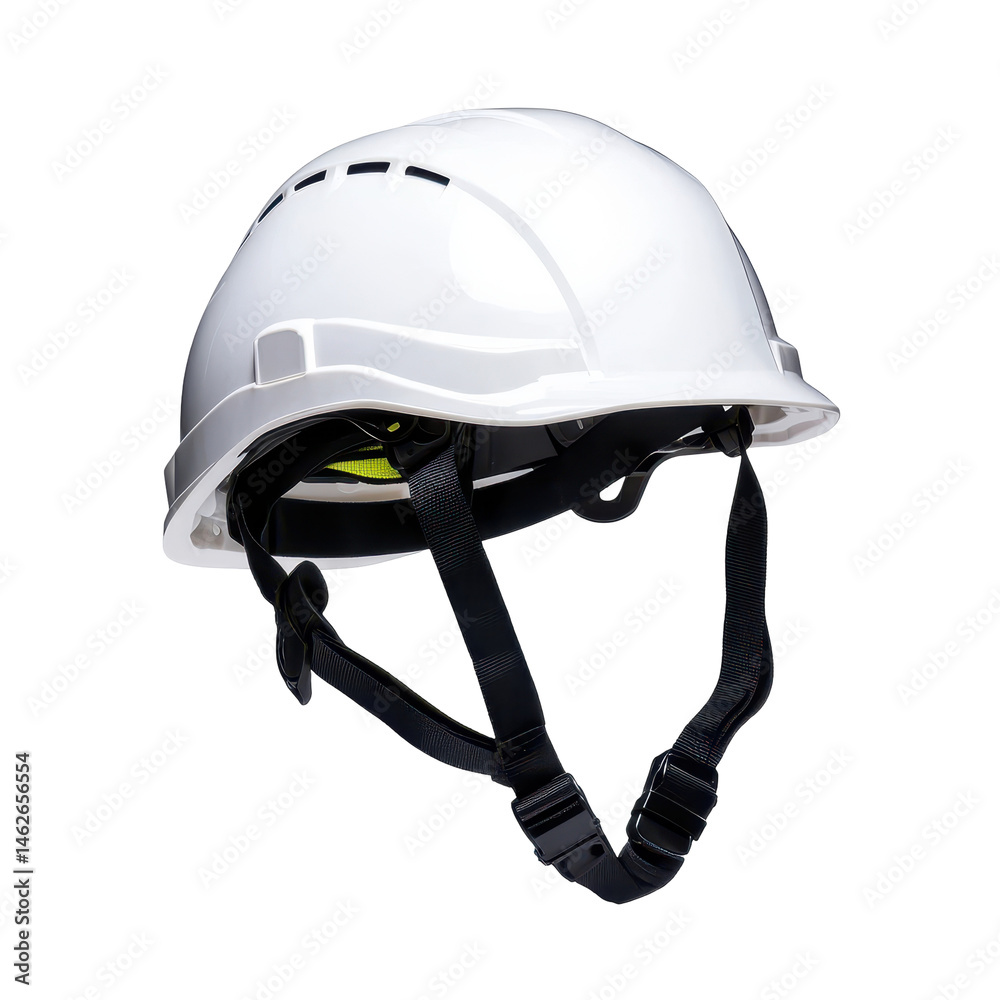 Fototapeta premium White safety helmet for construction, industrial, and heavy-duty work environments with adjustable straps and ventilation system on transparent background