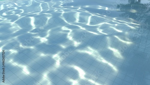 Above view of water rippled in white tiles swimming pool, with bright light shines into water and make the caustic light shimmering on bottom of the pool. 3D Illustration.
