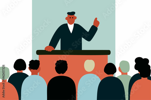 Flat Vector Illustration of a Confident Speaker Giving a Presentation to an Attentive Audience in a Conference or Seminar Setting, Emphasizing Communication and Leadership