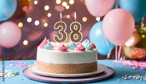 ThirtyEight Birthday Cake Celebration with Balloons and Confetti photo