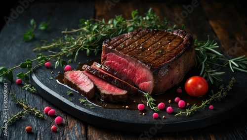 Fresh cut ribeye and porterhouse beef with bones on dark barbecue background