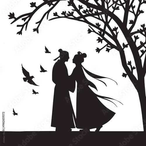 A poetic moment of love unfolds in an illustrated forest scene.