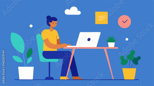 Home Office Setup A person using a seated desk with an adjustable height surrounded by plants and art engaging in a video call on a laptop with a tactile sticker board for notes