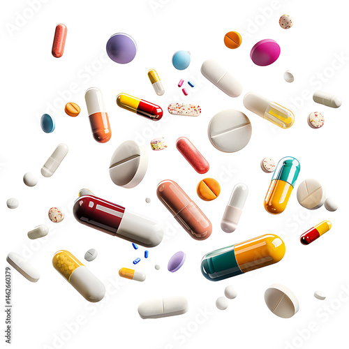 Falling colorful pills in various shapes and sizes, isolated on a white background