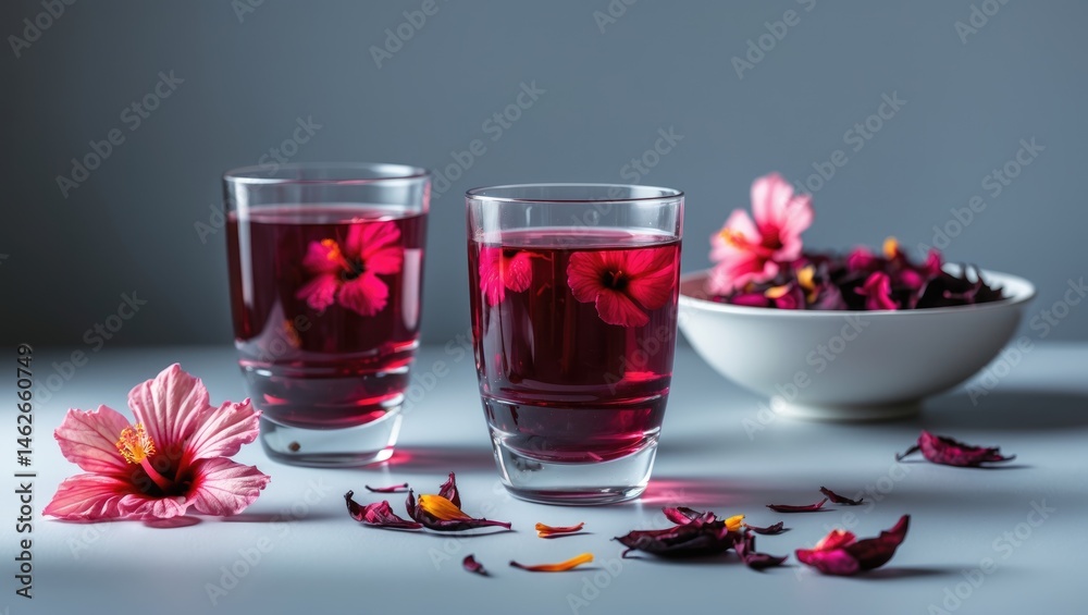 Hibiscus flower herbal infusion in a glass cup with a dish of dried hibiscus Hibiscus flower herbal infusion in a glass cup with a dish of dried hibiscus